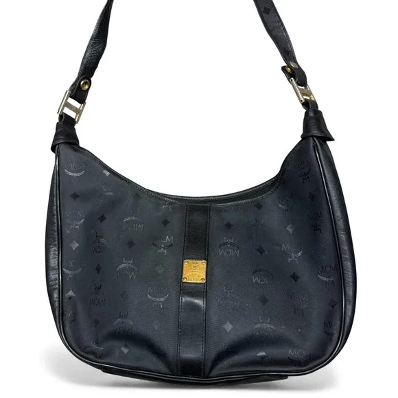 Vintage MCM Monogram Shoulder Bag Black Leather Hobo Style Logo - Picture 2 of 16